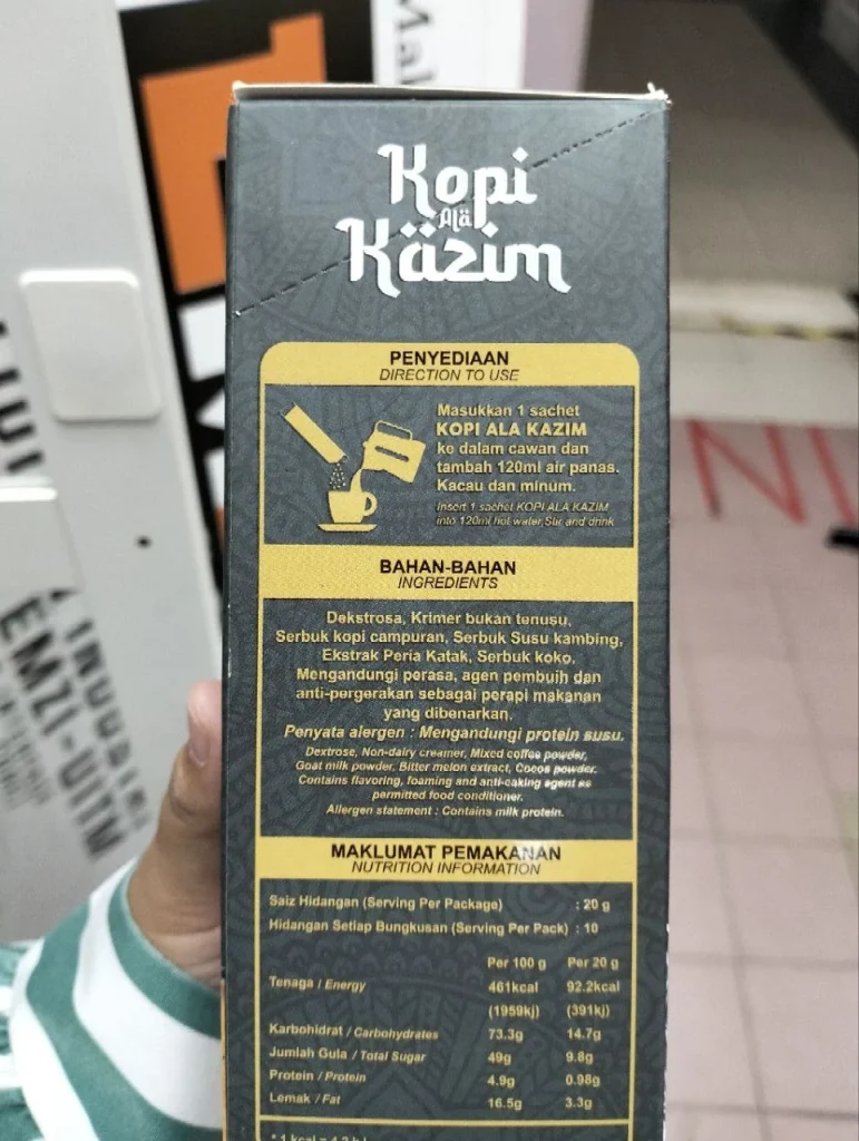 Kopi Ala Kazim box side panel with directions, ingredients, allergen statement and nutrition information