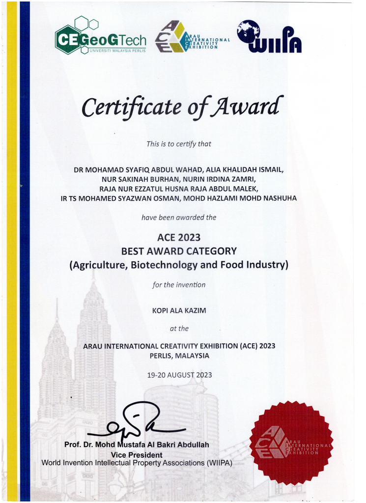 ACE 2023 Best Award Category certificate for Kopi Ala Kazim