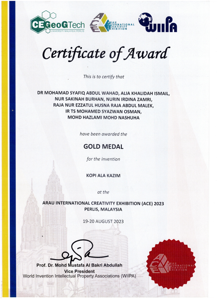 ACE 2023 gold medal certificate for Kopi Ala Kazim