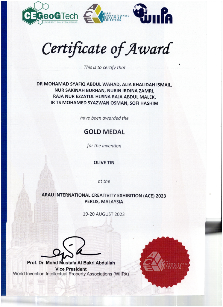 ACE 2023 gold medal certificate for Olive Tin