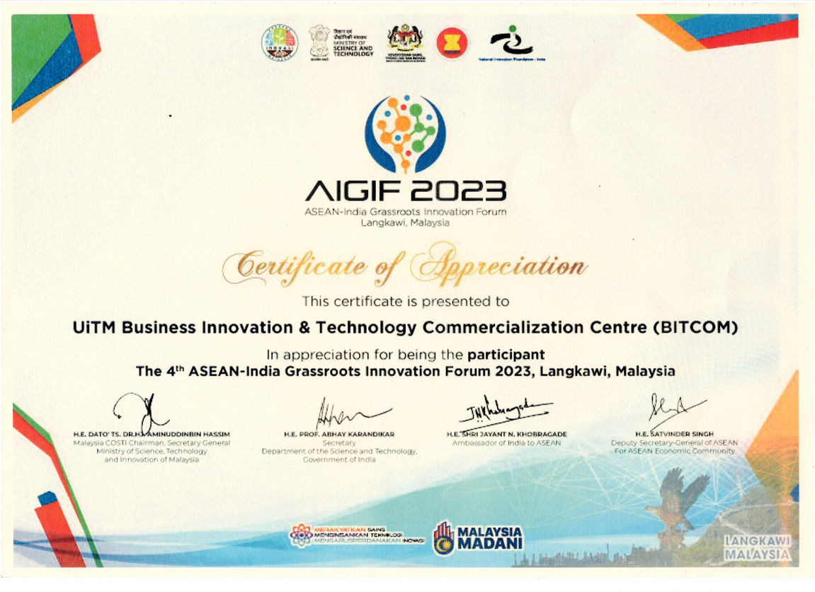 AIGIF 2023 certificate of appreciation to UiTM BITCOM
