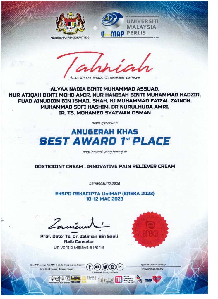 EREKA 2023 Best Award 1st Place certificate for Doxtejoint Cream