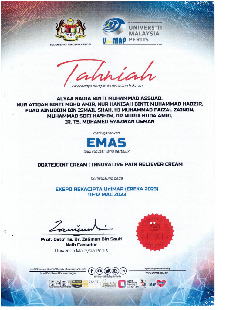 EREKA 2023 gold certificate for Doxtejoint Cream