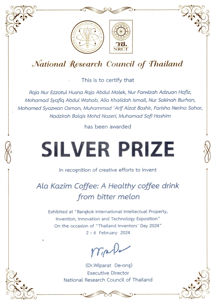IPITEX 2024: NRCT silver prize certificate for Ala Kazim Coffee