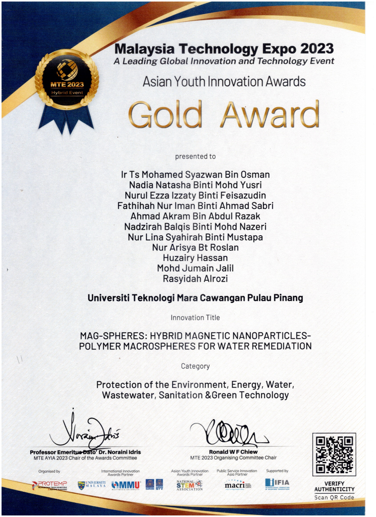 MTE 2023 Asian Youth Innovation Awards gold award certificate for MAG-SPHERES