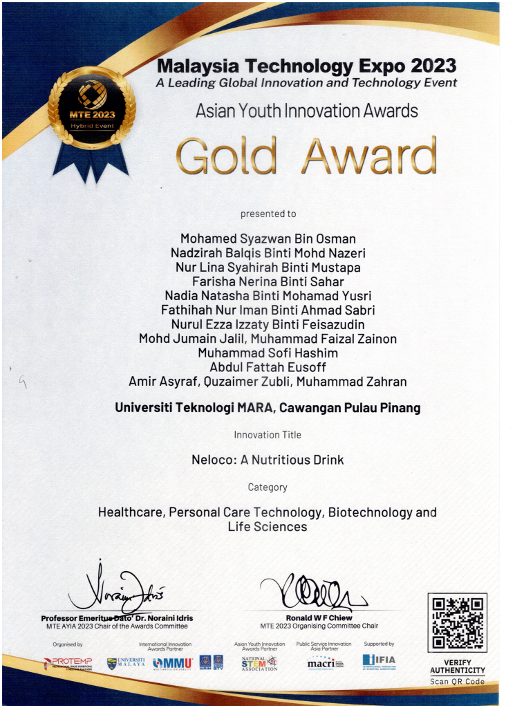 MTE 2023 Asian Youth Innovation Awards gold award certificate for Neloco: A Nutritious Drink